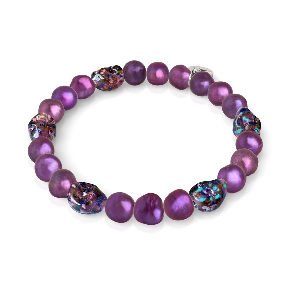 Violette Schatten | 925er Sterlingsilber | Lila Süßwasserperle x Glühwürmchen-Glas-Totenkopf-Armband